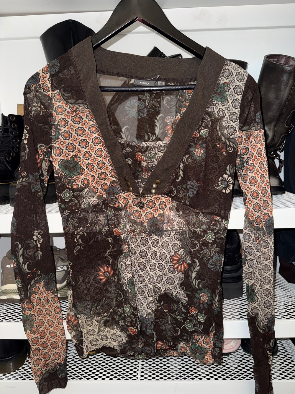 Mexx Brown Floral Patchwork V-Neck Long Sleeve Top